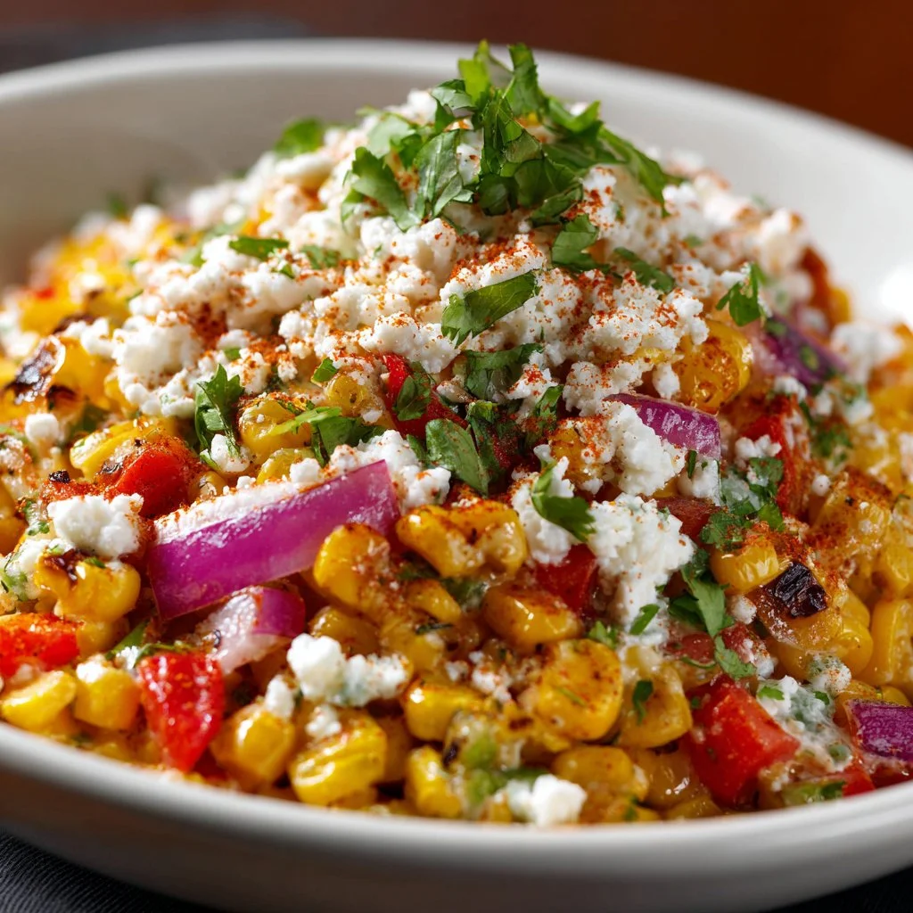 A bowl of colorful Mexican street corn salad topped with cilantro and cheese.
