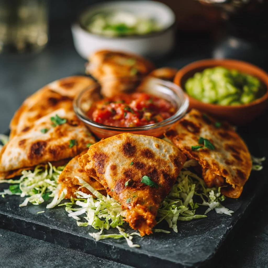 Mini Chicken Quesadillas served with salsa and guacamole