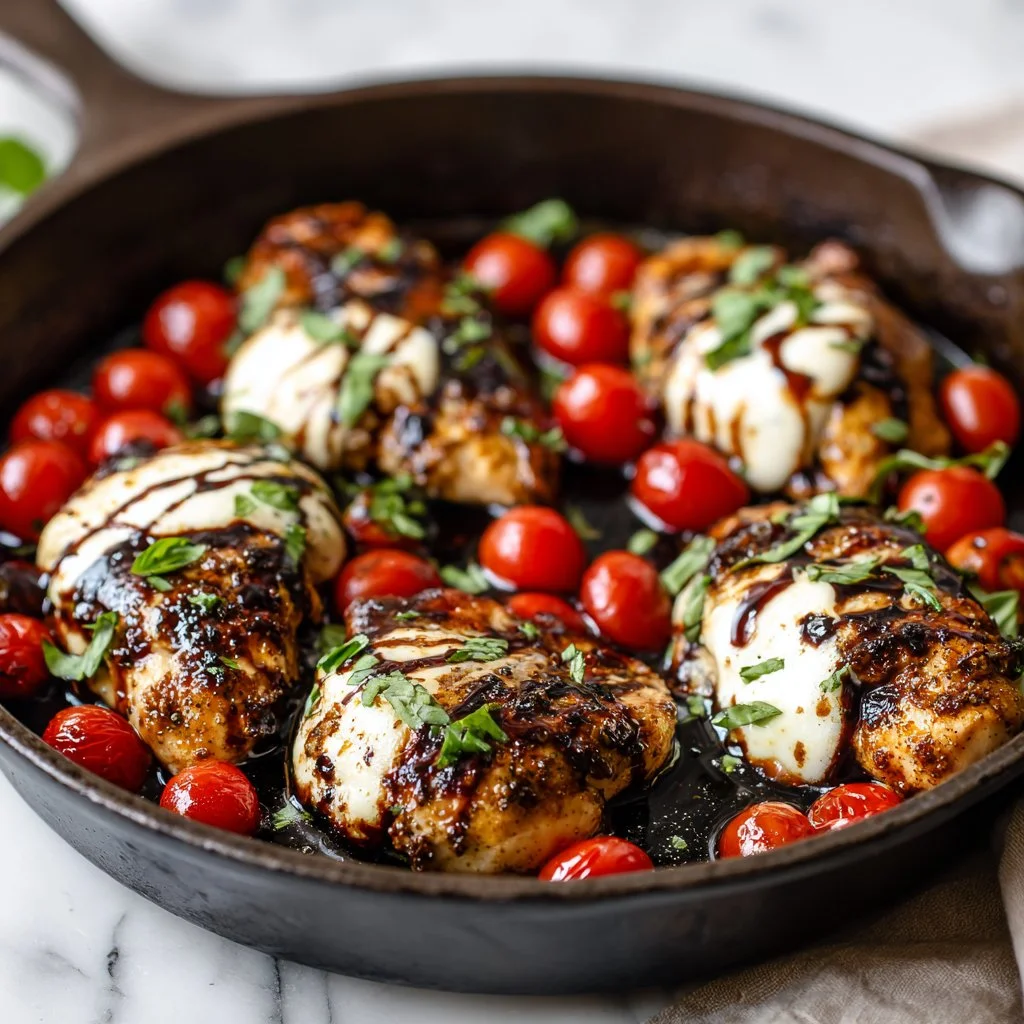 One-pan juicy chicken in balsamic sauce served on a plate