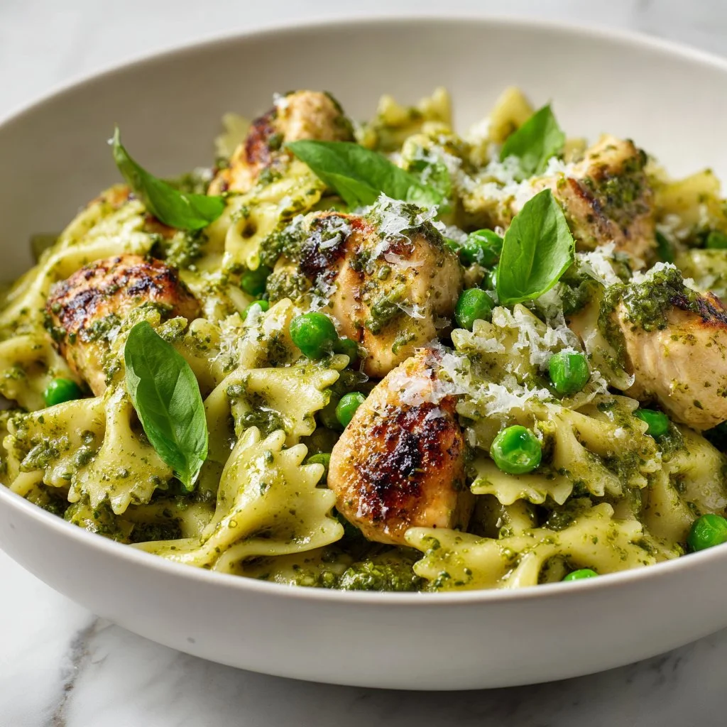 Delicious pesto pasta with chicken served in a bowl