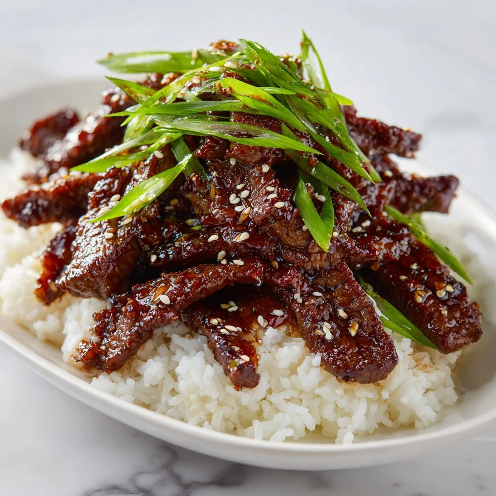 Plate of PF Chang's Mongolian Beef with vegetables and rice