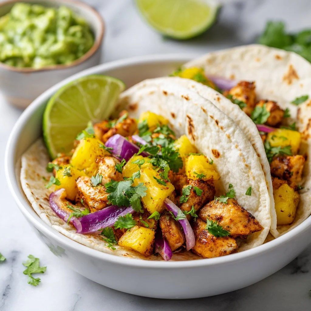 Delicious Pineapple Chicken Tacos served on a colorful plate with toppings.