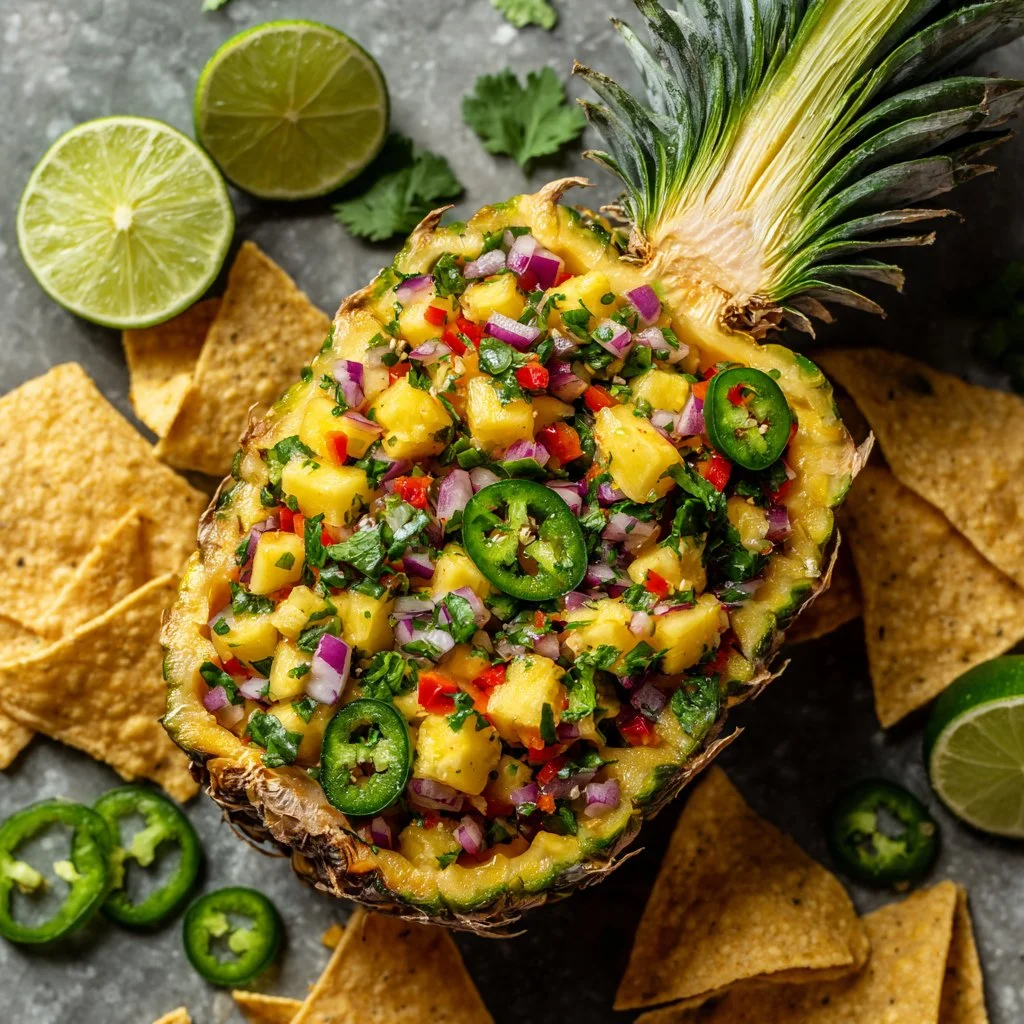 Bowl of quick pineapple salsa made with fresh ingredients for a vibrant topping.