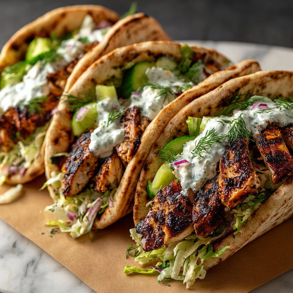 Sheet Pan Chicken Pitas filled with fresh ingredients and Herby Ranch sauce