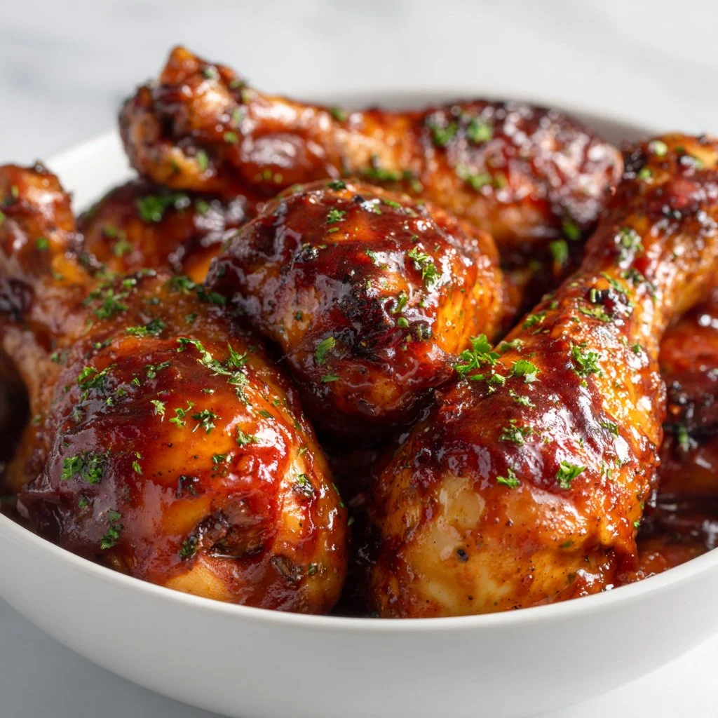 Slow cooker BBQ chicken legs served on a plate with barbecue sauce