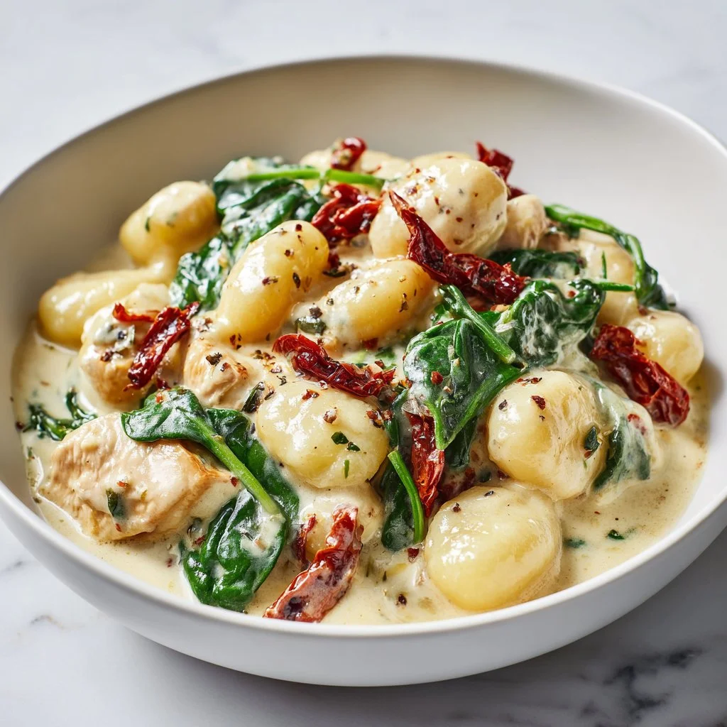 Delicious Slow Cooker Chicken Gnocchi served in a bowl with herbs