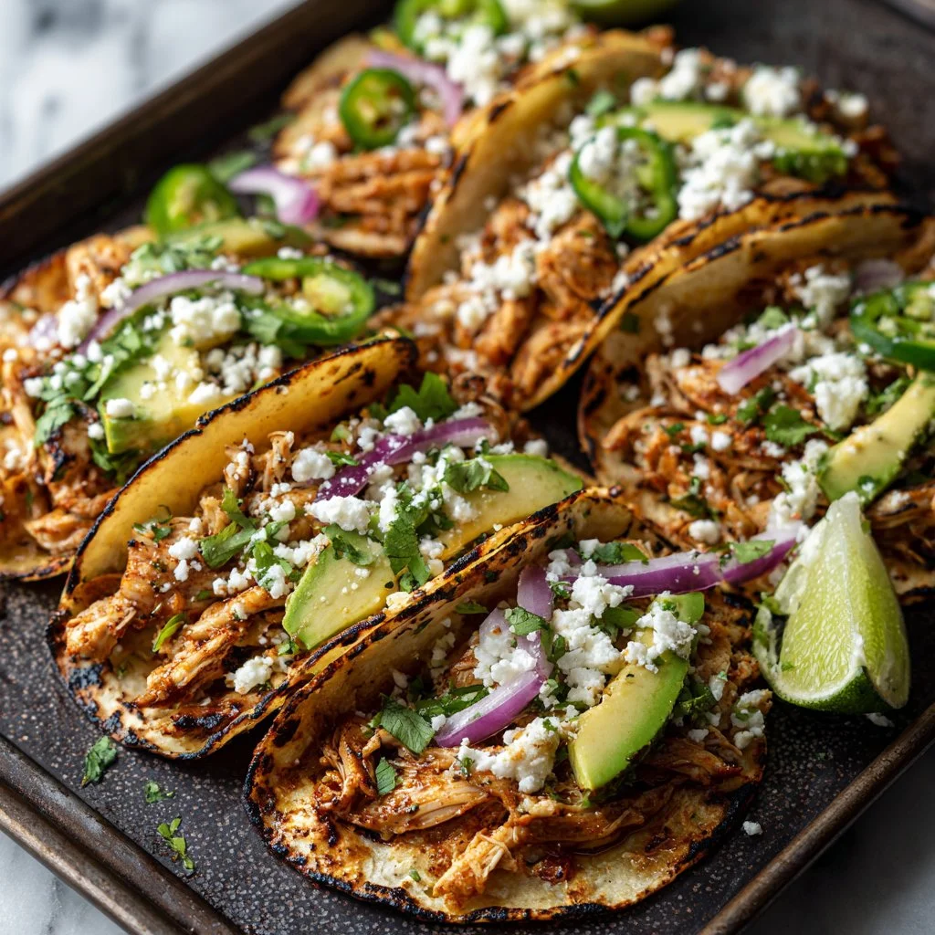 Slow cooker chicken tacos garnished with fresh cilantro and lime