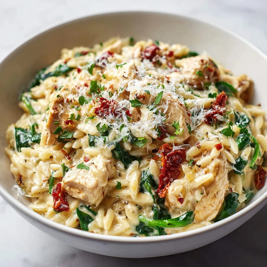 Slow Cooker Creamy Tuscan Chicken Orzo served in a bowl