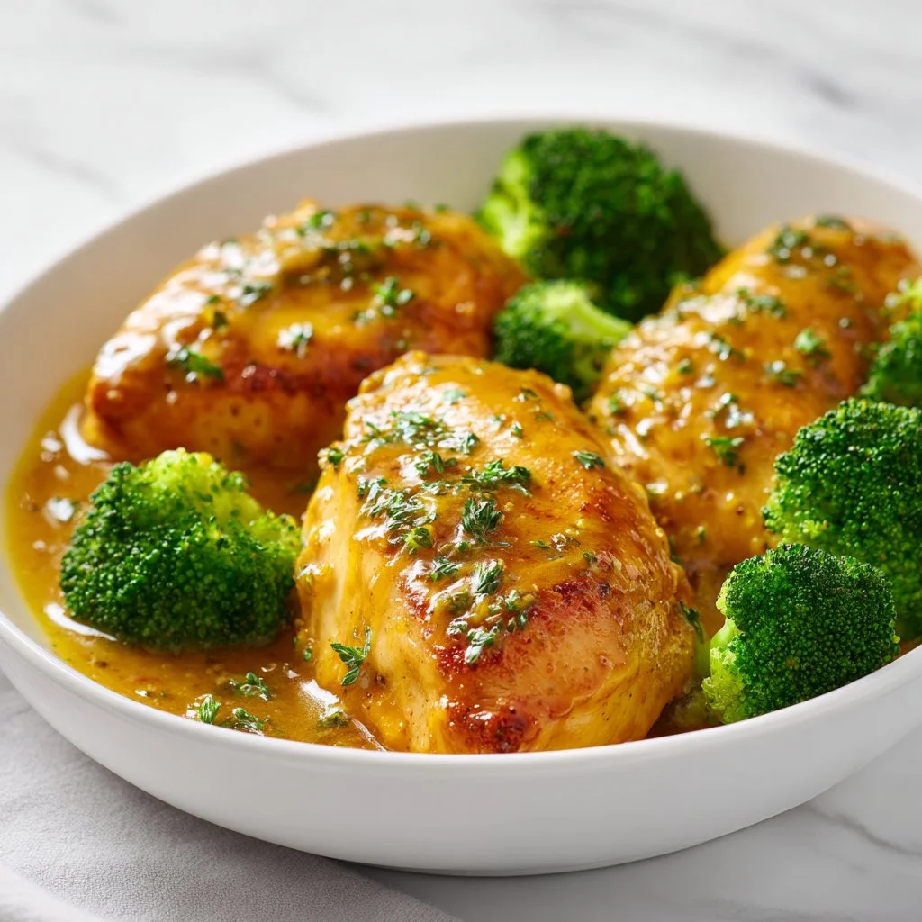 Slow cooker honey mustard chicken served with vegetables