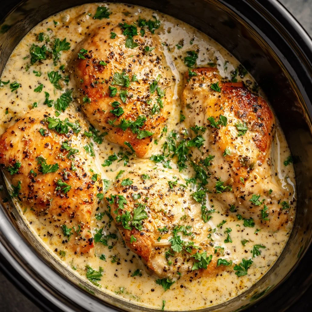 Delicious Slow Cooker Marry Me Chicken garnished with herbs and spices.