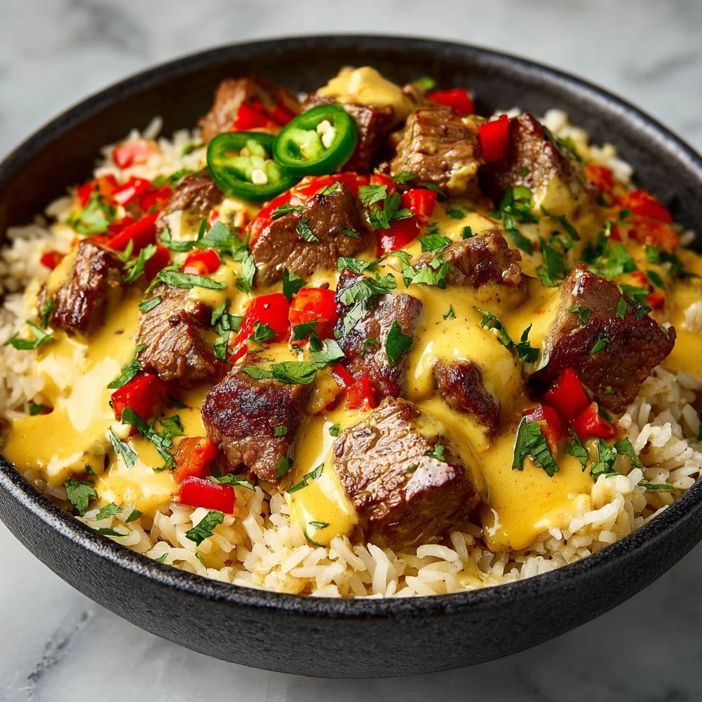 Delicious Steak Queso Rice plated with melted cheese and garnished with cilantro.