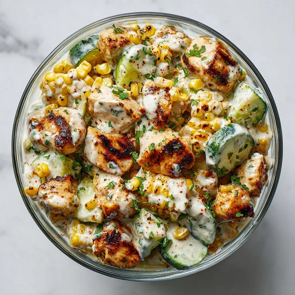 Bowl of Street Corn Creamy Cucumber Chicken Salad with fresh ingredients
