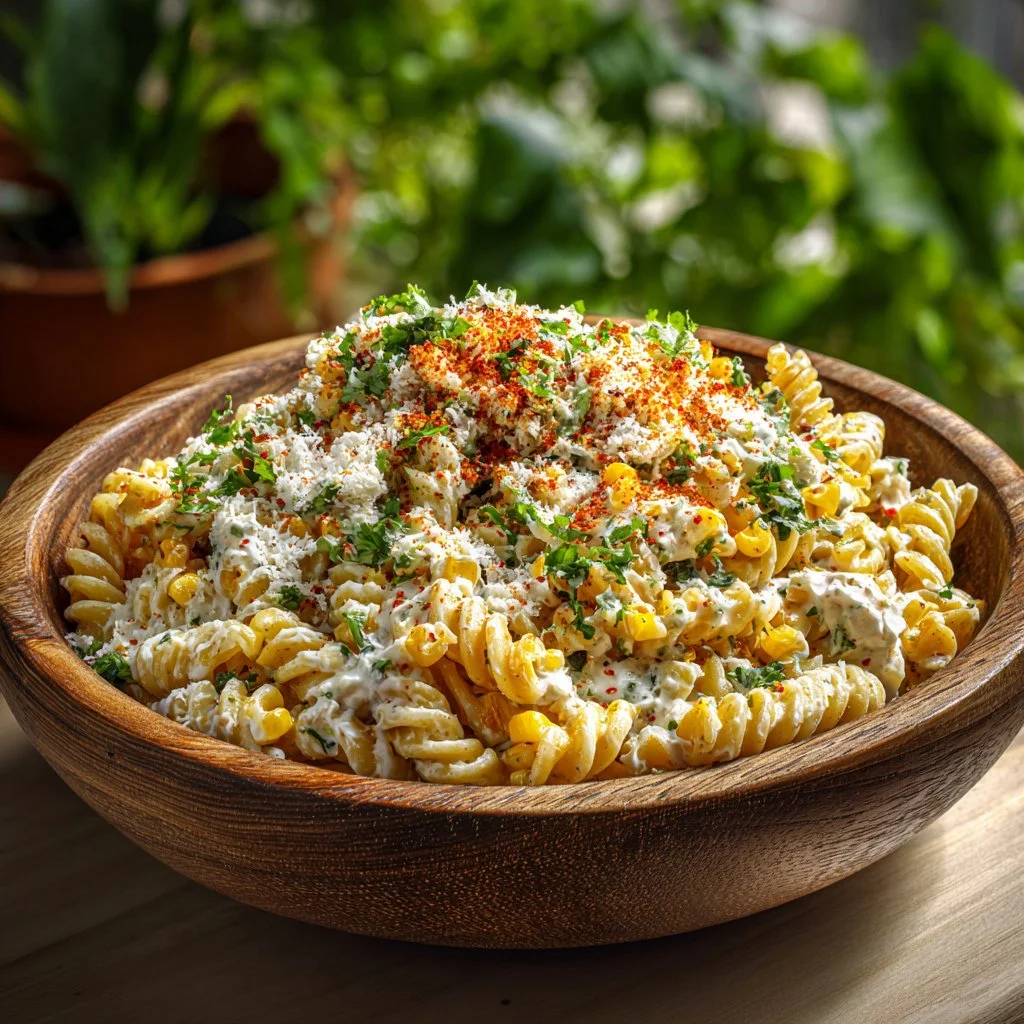 Delicious street corn pasta salad served in a bowl with fresh ingredients.