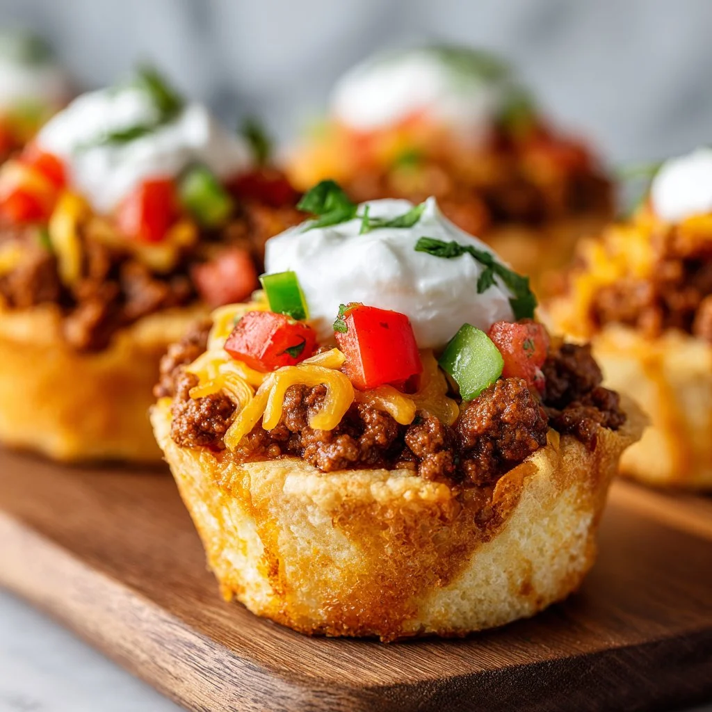 Delicious taco cupcakes topped with cheese, lettuce, and salsa.