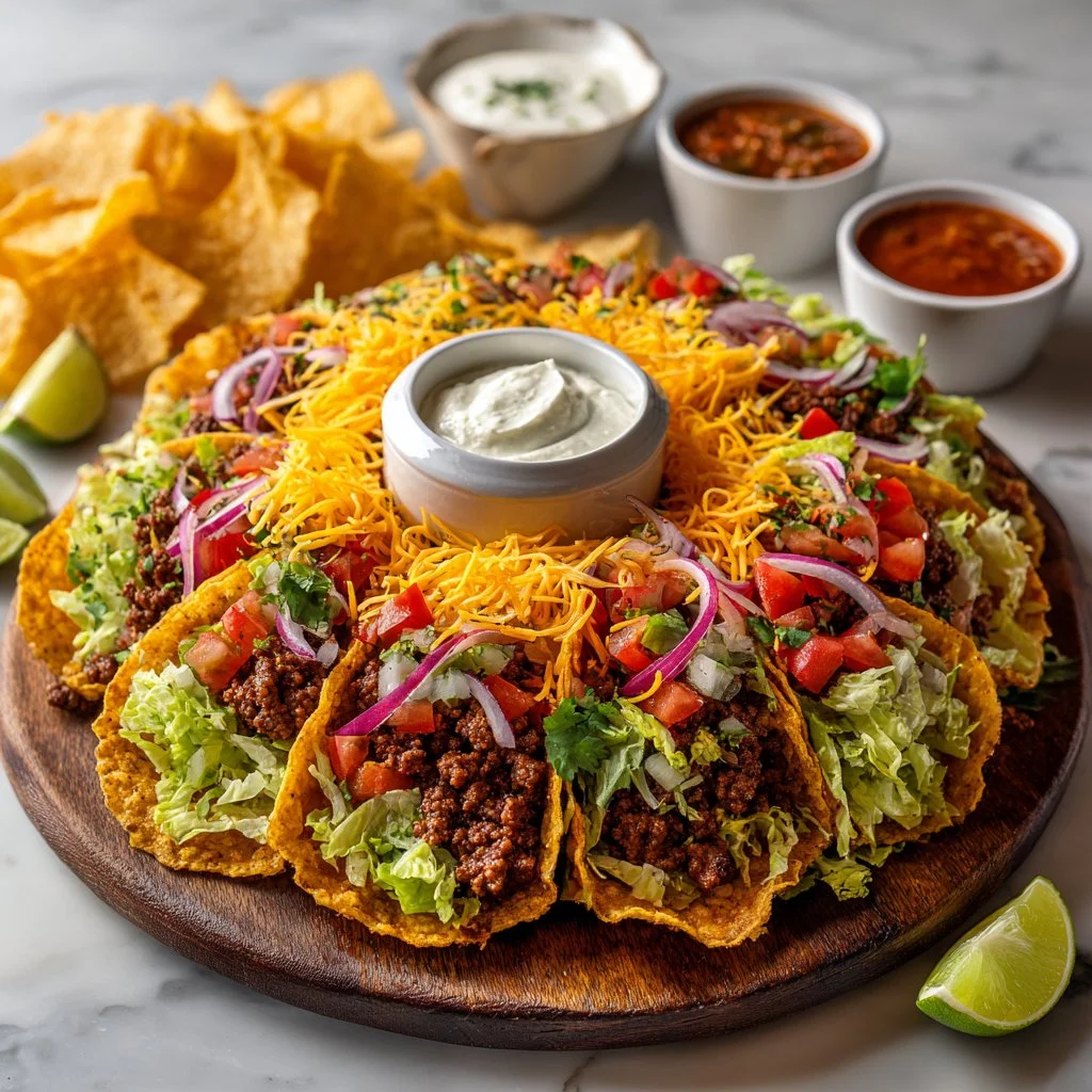 A colorful taco dinner board featuring various toppings and tortillas on a wooden table.