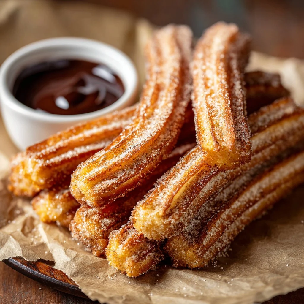 Delicious churros served with chocolate sauce for dipping