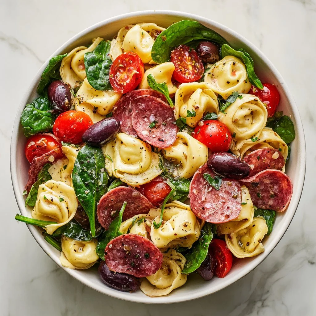 Colorful and fresh tortellini pasta salad with vegetables