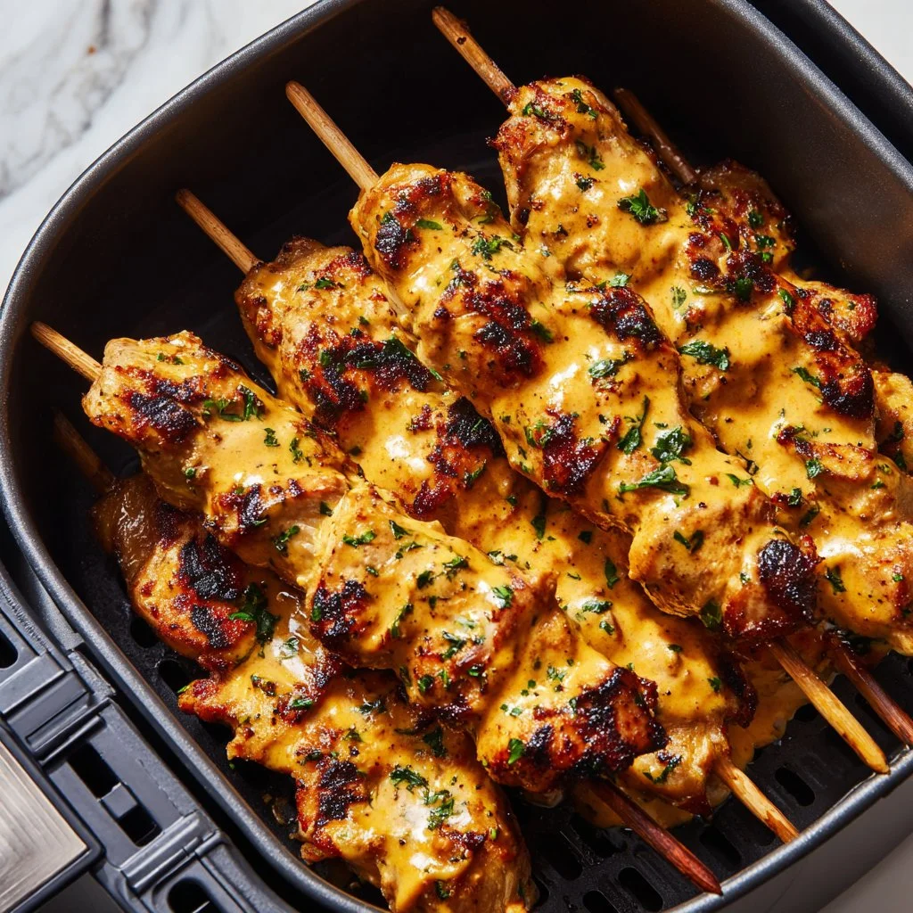 Delicious Air Fryer Bang Bang Chicken Skewers served on a plate