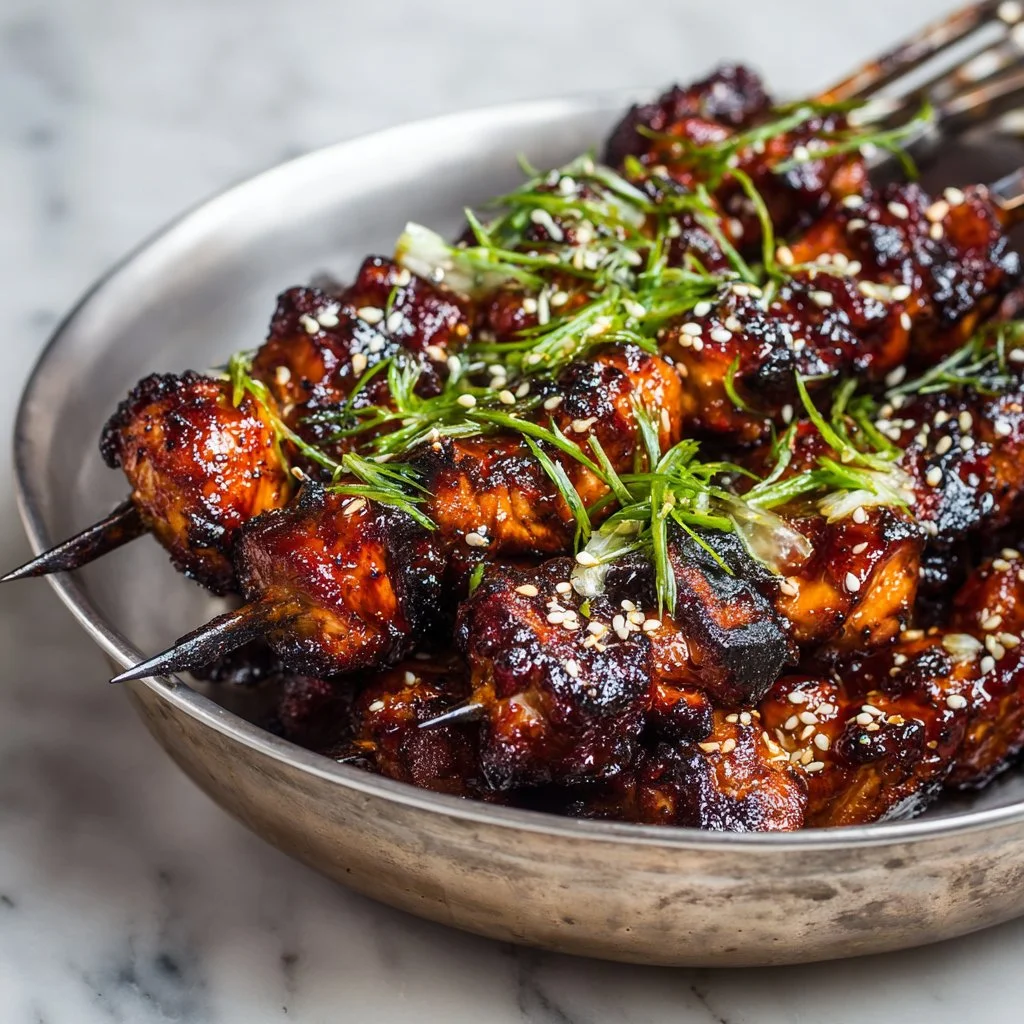 Delicious Asian Chicken Kabobs skewered with colorful vegetables.