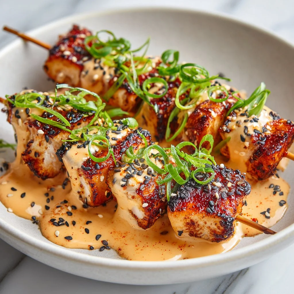 Delicious Bang Bang Chicken Skewers served with a spicy dipping sauce