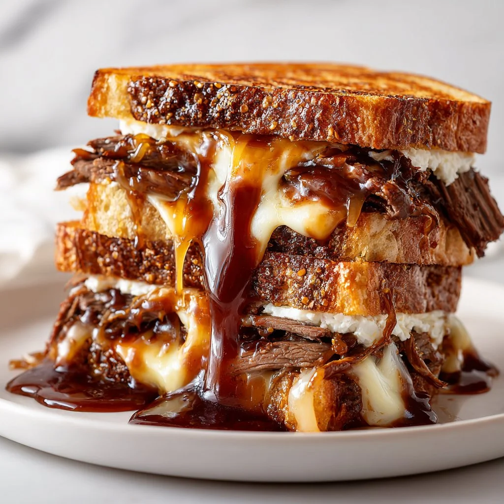 BBQ brisket melt sandwich with melted cheese and toppings