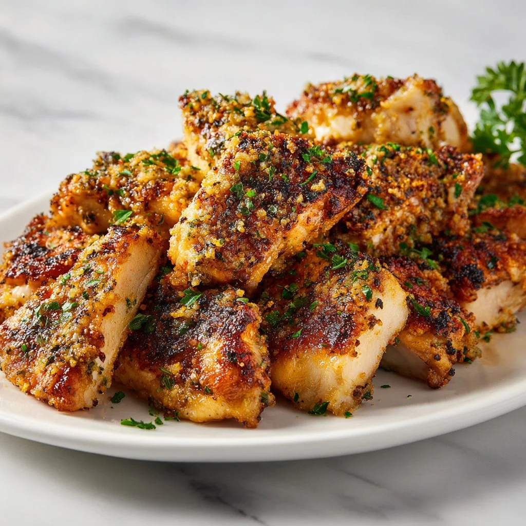 Grilled Blackstone Garlic Parmesan Chicken garnished with herbs
