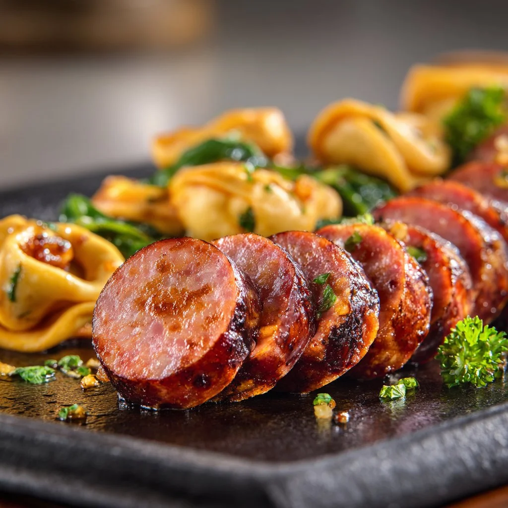 Delicious Blackstone grilled kielbasa served with grilled vegetables.