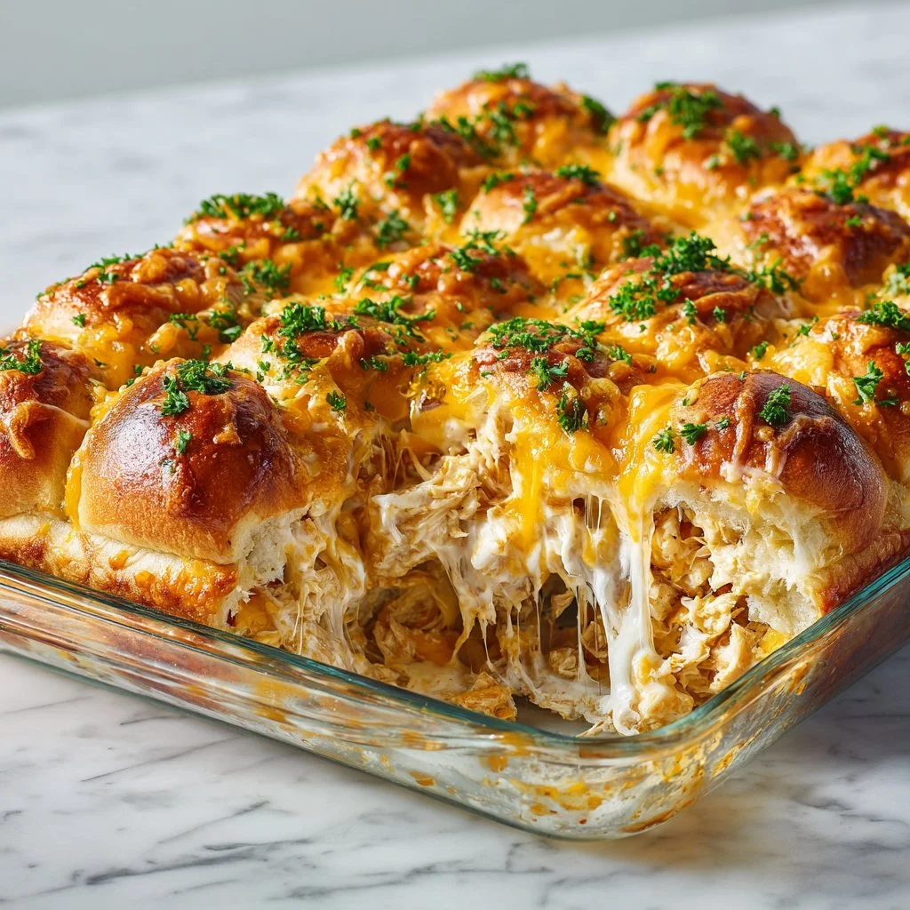 Cheesy Chicken Crescent Roll Bake served in a dish garnished with herbs
