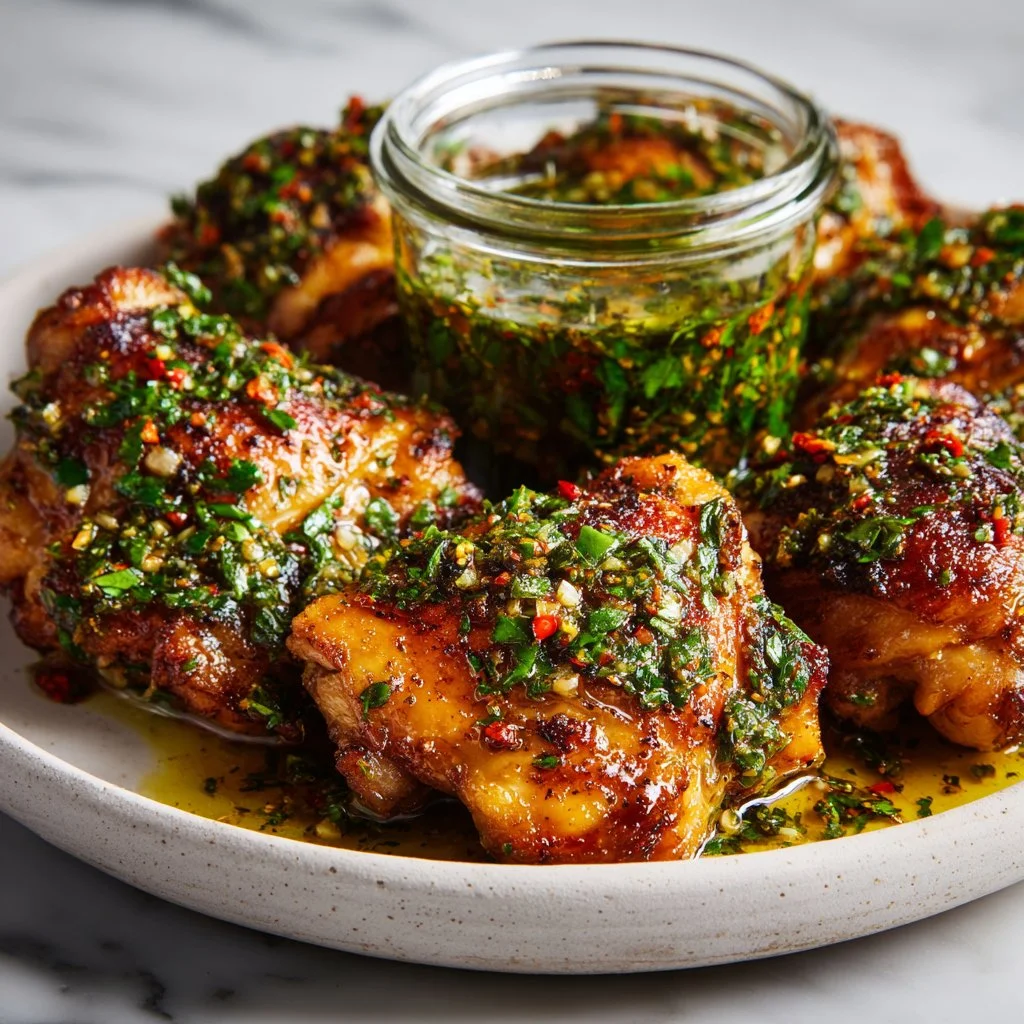 Delicious chimichurri chicken thighs on a plate with fresh herbs