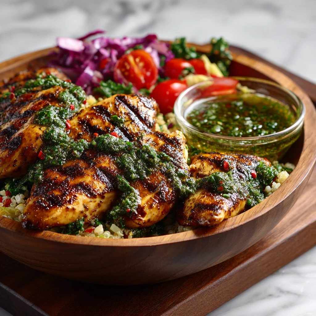 Chimichurri Grilled Chicken Bowl with fresh vegetables and sauce