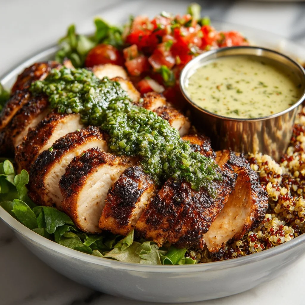 Chimichurri Grilled Chicken Bowl garnished with fresh herbs and colorful vegetables.