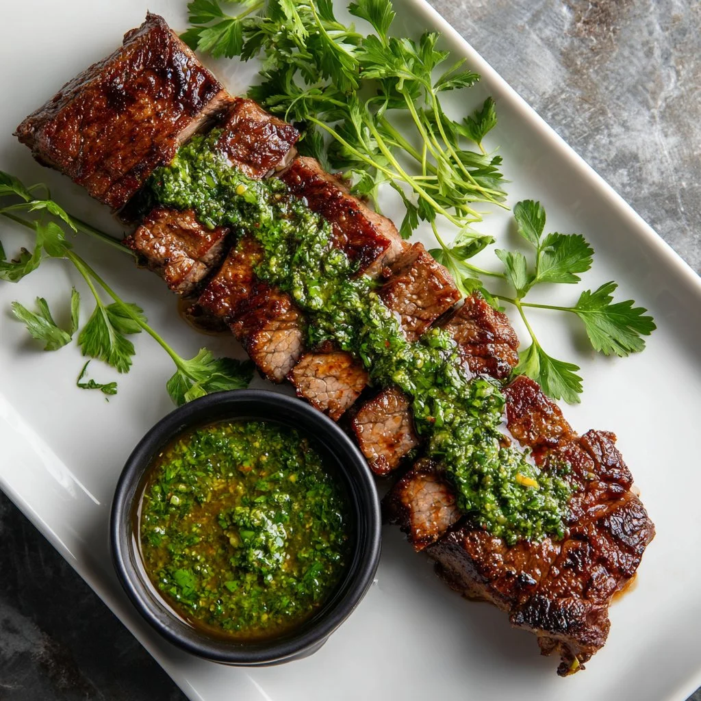 Chimichurri marinade for skirt steak with herbs and spices on a wooden table
