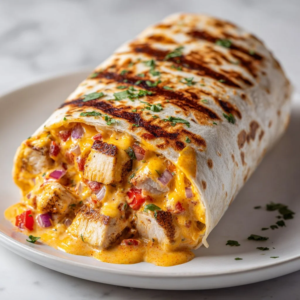 Delicious Grilled Chicken Burrito with Chipotle Ranch sauce served on a plate