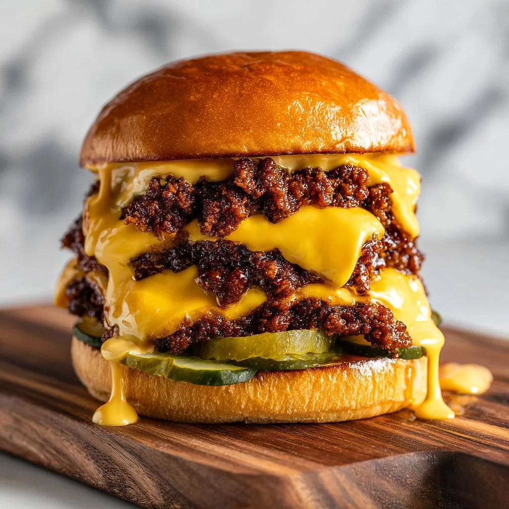 Delicious crack burgers on a grill, showcasing a perfect juicy patty topped with fresh ingredients.