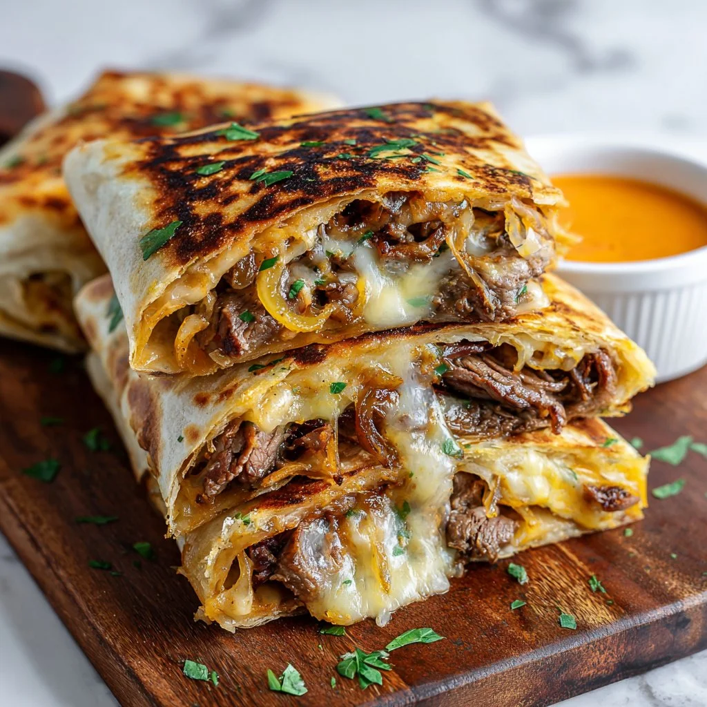 Crispy Philly cheesesteak grilled wraps served on a plate