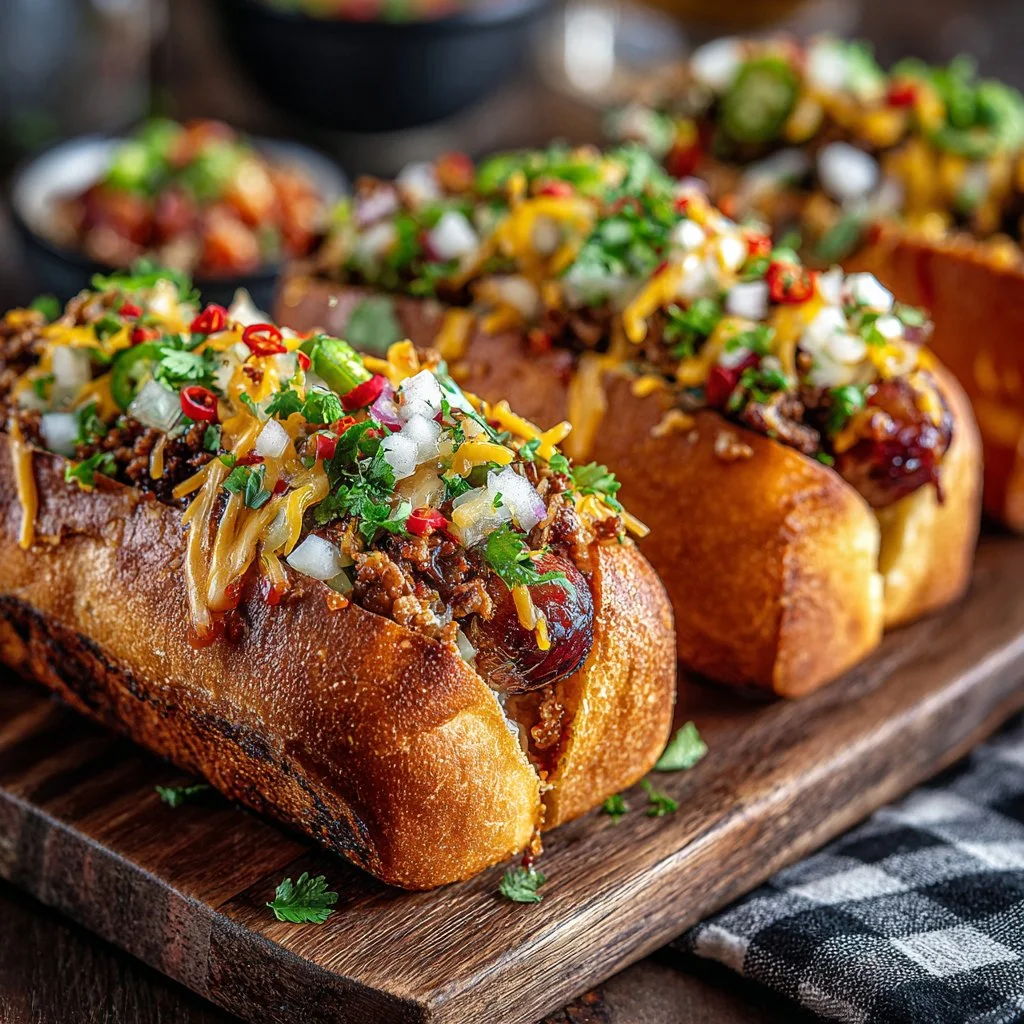 Flavorful Firecracker Hot Dogs on a grill with toppings