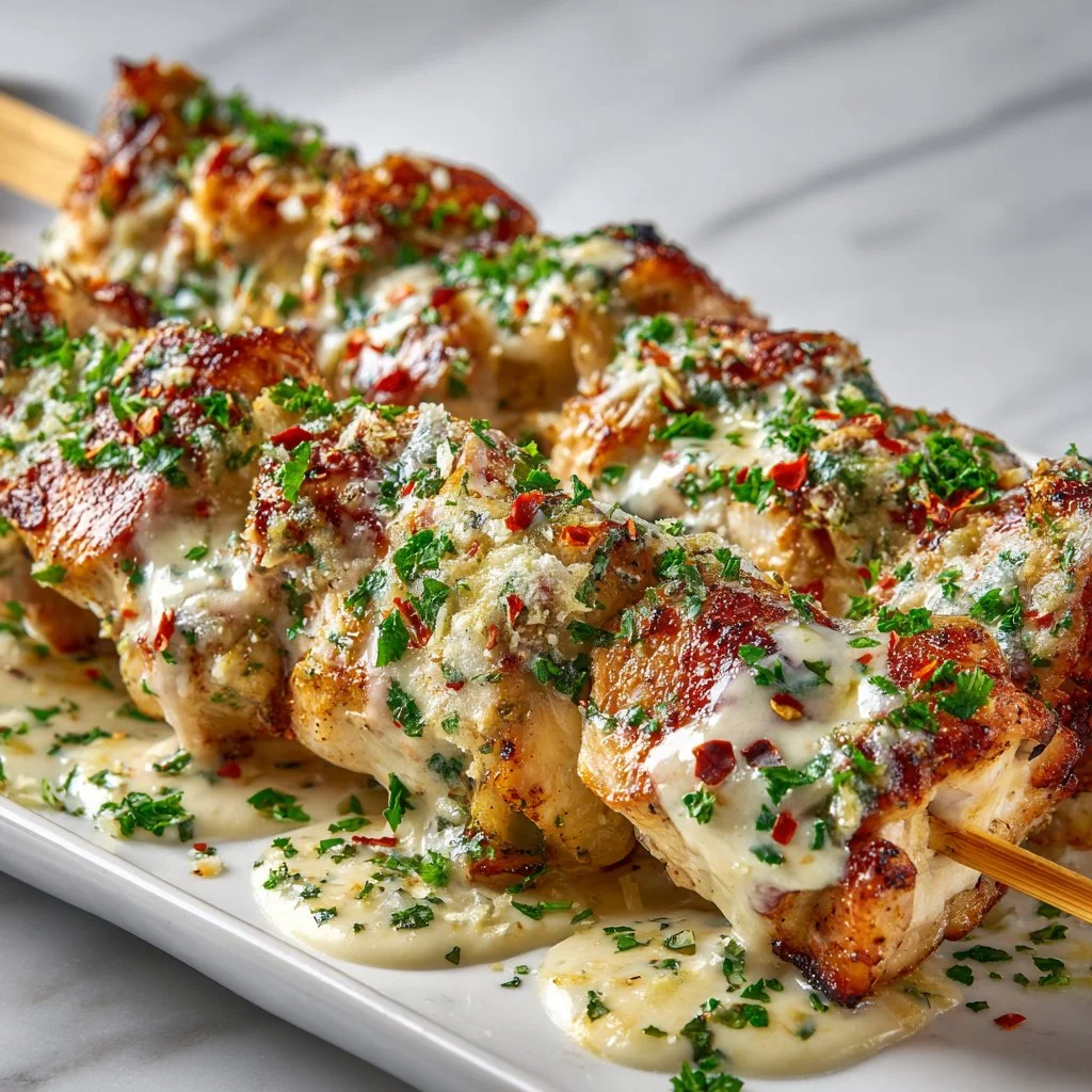 Delicious garlic-parmesan ranch chicken skewers ready for grilling