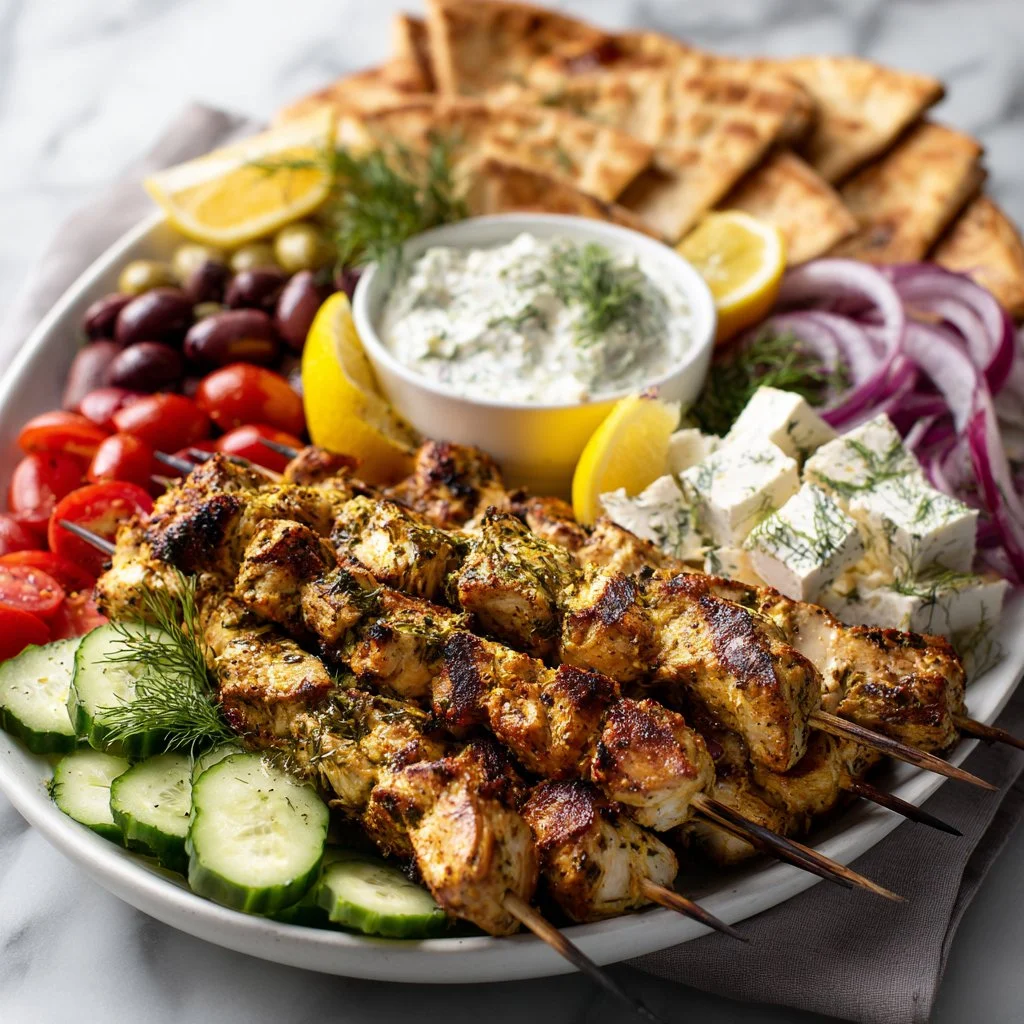 Delicious Greek Chicken Kabobs ready to be served on a platter.