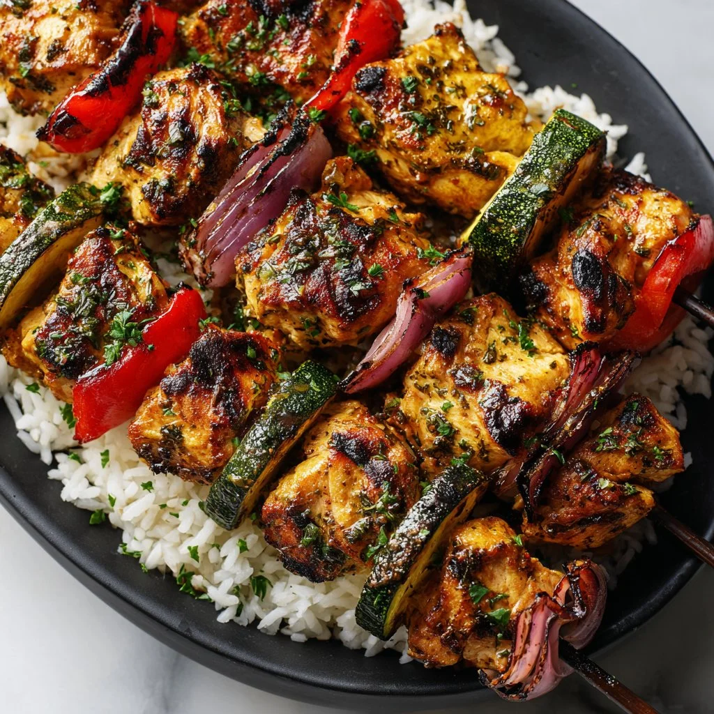 Greek marinated chicken kabobs on a skewer, grilled to perfection.