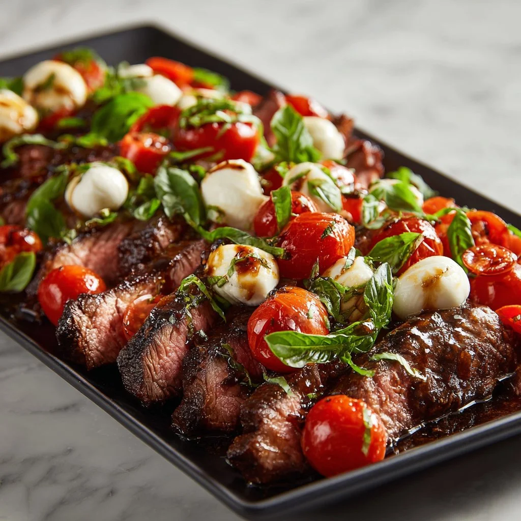 Grilled balsamic steak caprese with fresh mozzarella and tomatoes on a plate.