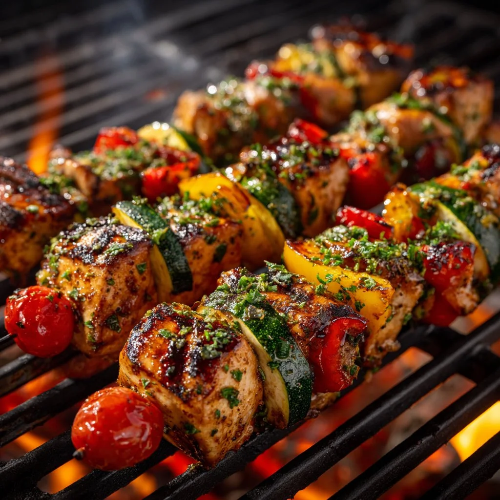 Delicious grilled chicken kabobs on skewers garnished with vegetables
