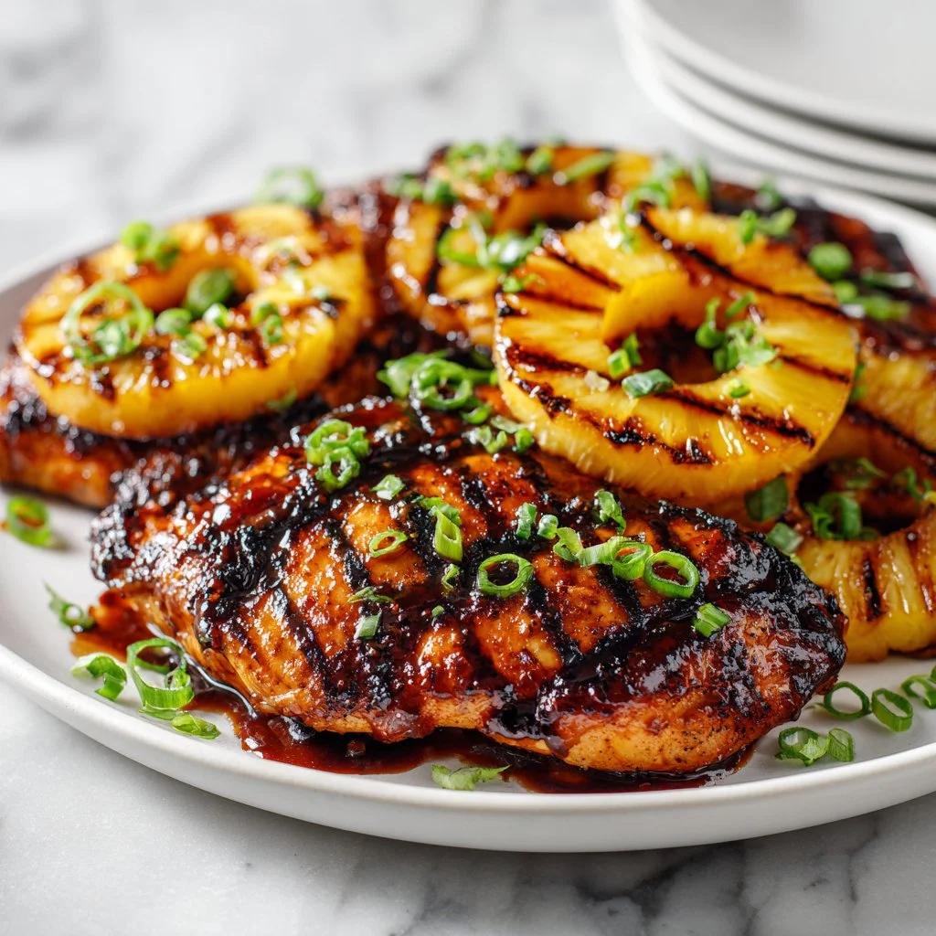 Delicious Grilled Pineapple Chicken served with fresh greens