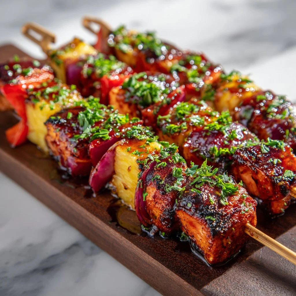 Grilled pineapple chicken kabobs served with colorful vegetables
