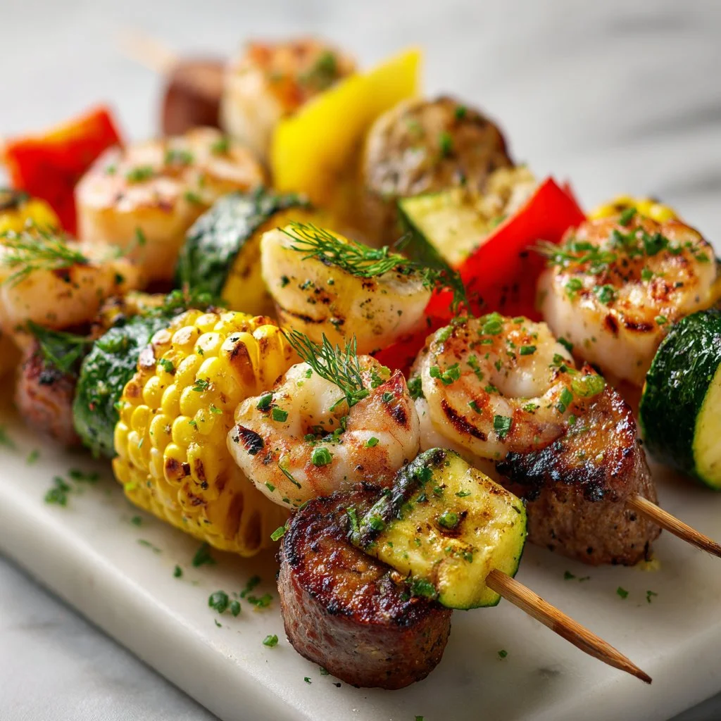 Delicious grilled seafood skewers served on a platter with fresh vegetables.