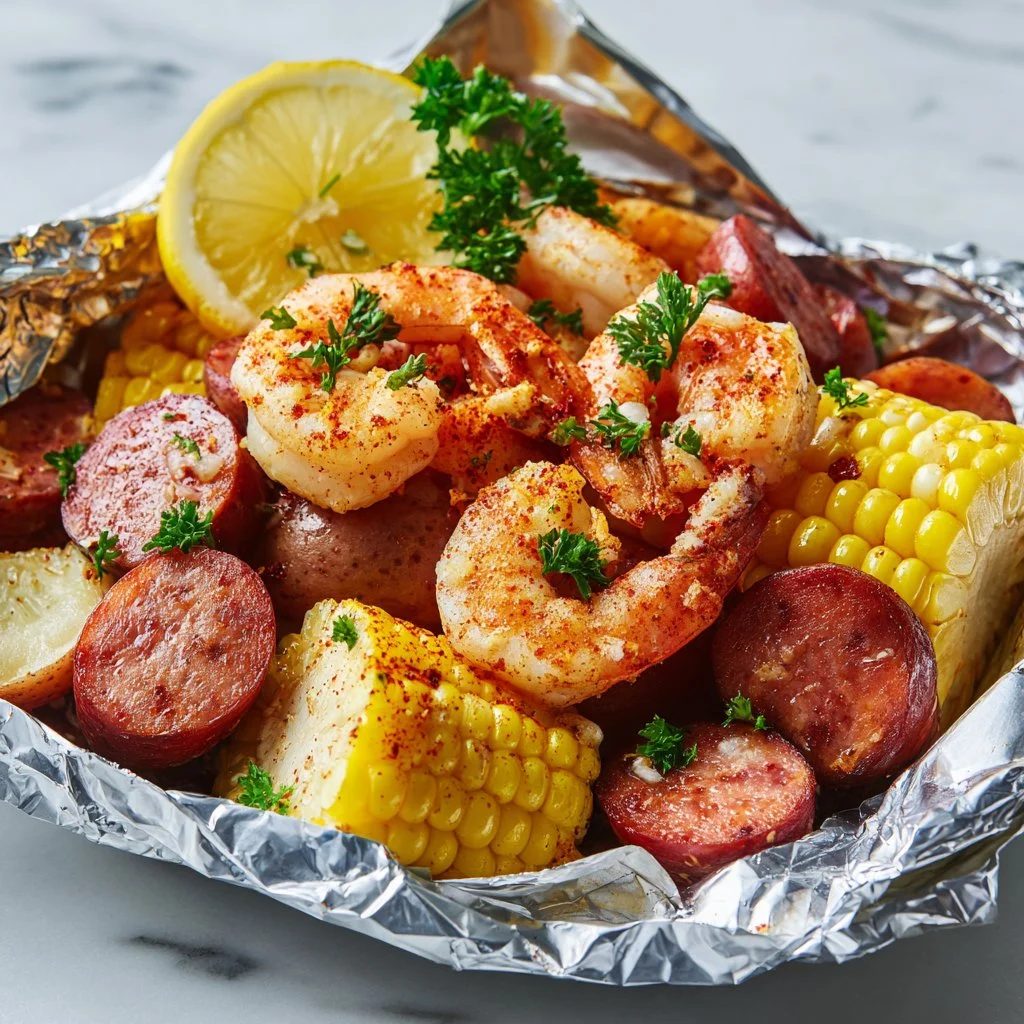 Delicious grilled shrimp boil in foil packets with vegetables and spices.