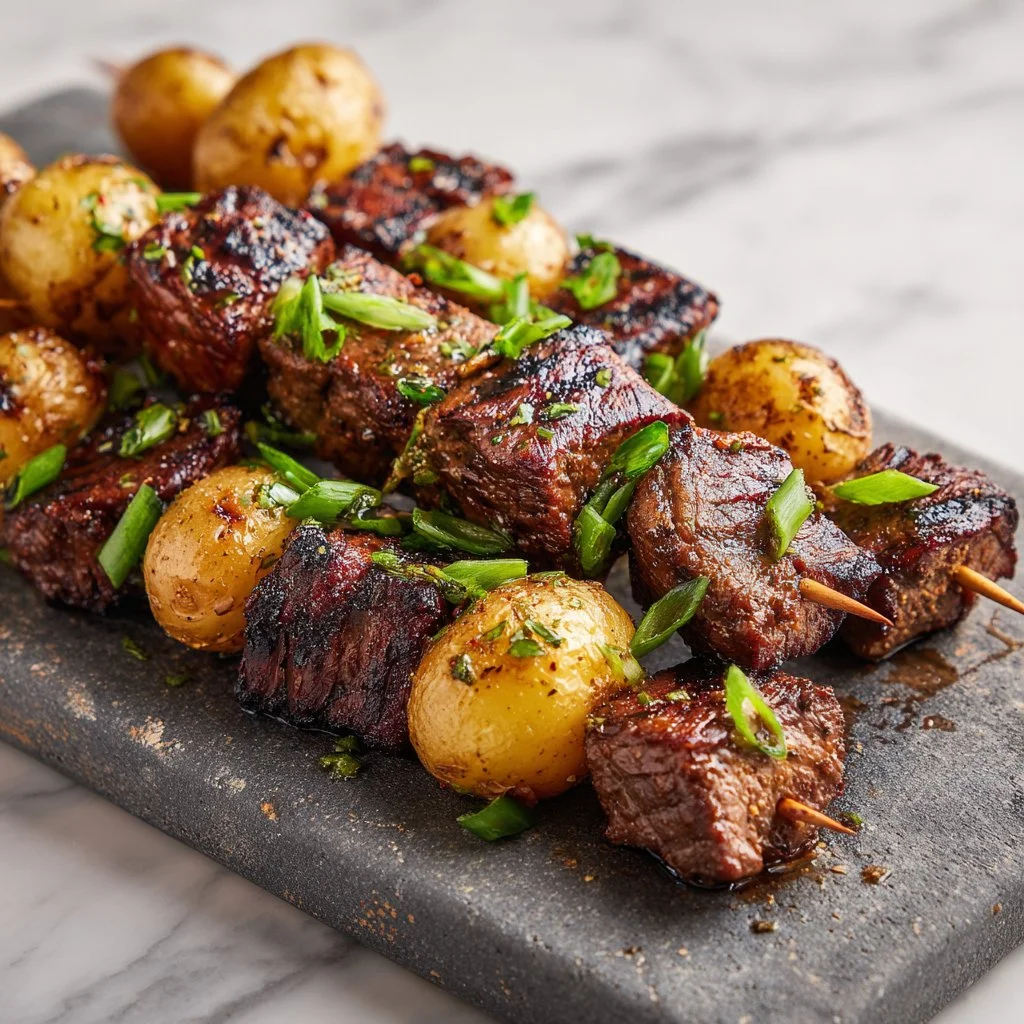Delicious grilled steak and potato kabobs served on skewers
