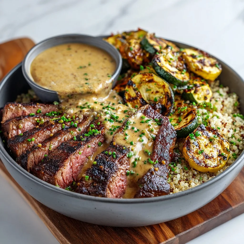 Delicious grilled steak bowl with fresh vegetables and toppings