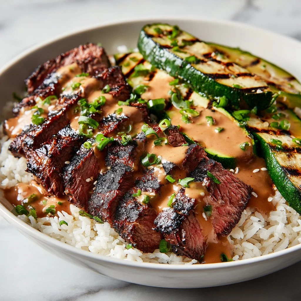 Grilled steak bowl with creamy sauce and grilled zucchini on a plate