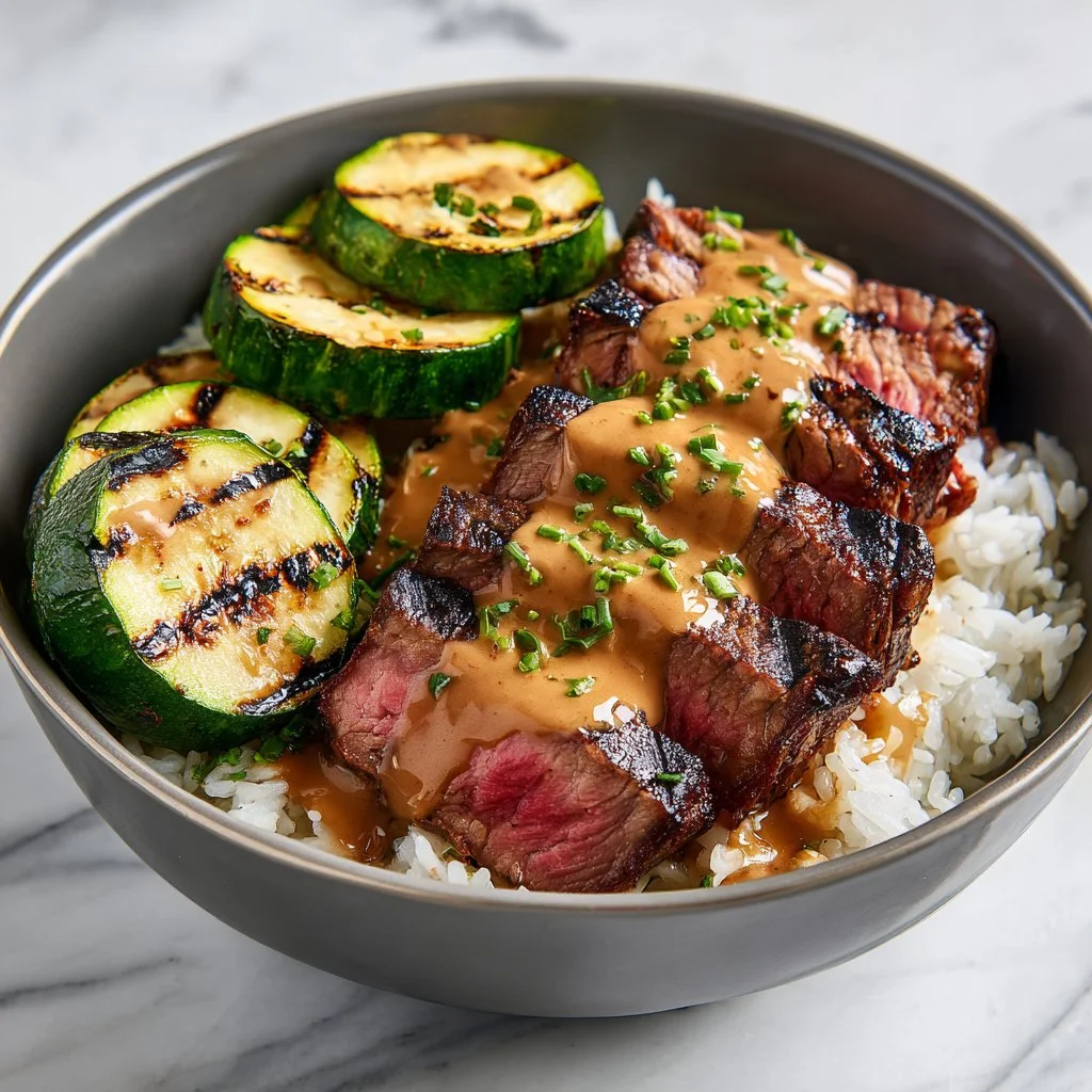 Delicious grilled steak bowl with sauce and fresh vegetables