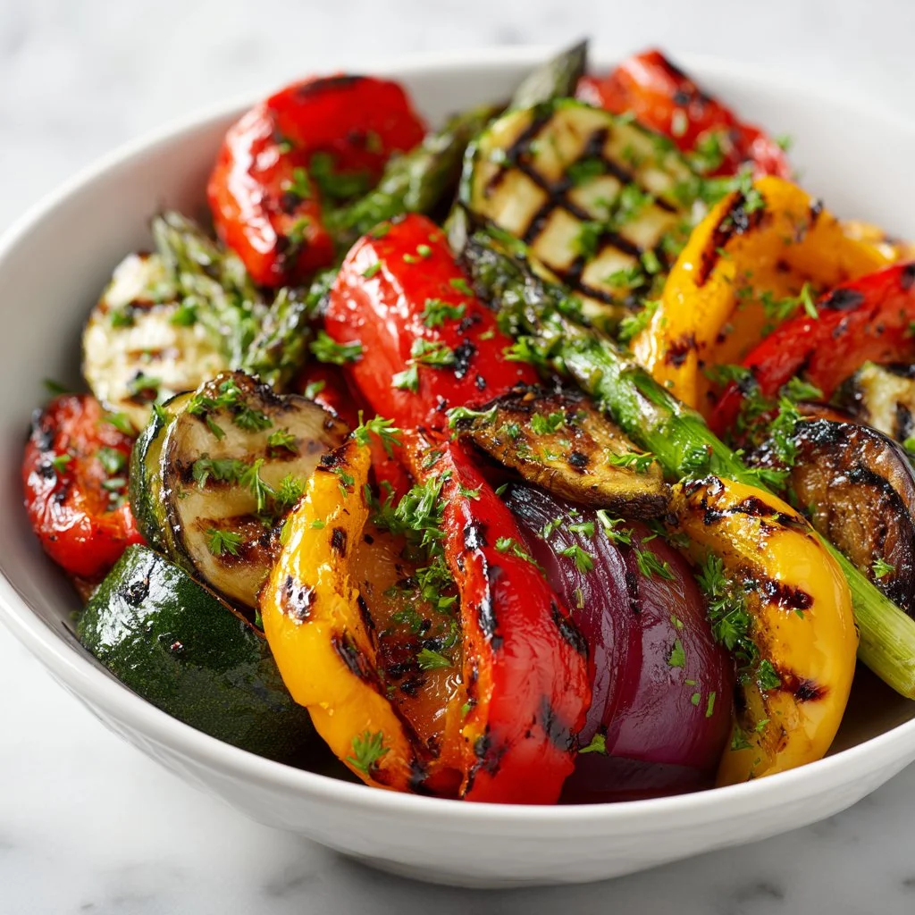 Colorful grilled vegetables marinated for a tasty BBQ dish